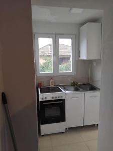 a kitchen with a stove and a sink and two windows at Apartments Maki 1 in Tivat