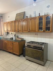 a kitchen with a stove and wooden cabinets at LAVENDER Residence Arusha in Arusha