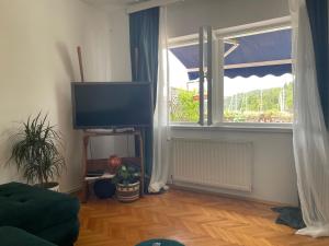 a living room with a flat screen tv next to a window at Wine Garden old apartment with large terrace in Skradin