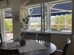 a dining room table with a potted plant on it at Wine Garden old apartment with large terrace in Skradin