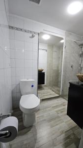 a bathroom with a toilet and a shower at Hotel casa yotama in Medellín +18 photos