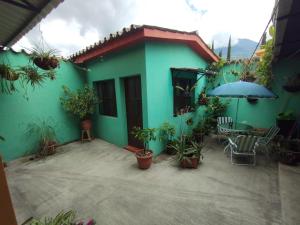 a green house with a table and an umbrella at Casa Tuta in Ciudad Vieja