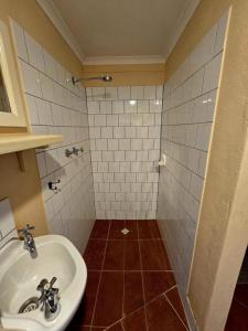 a bathroom with a sink and a white tiled shower at Contemporary Studio Accommodation in Farrell Flat