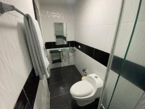 a small bathroom with a toilet and a sink at Hotel Avei Suites in Cali