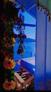 a view of the water from a balcony with flowers at Sumac wasi lodge uros in Puno