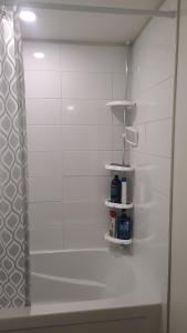 un bagno con pareti bianche e doccia con scaffali di Two luxury bedrooms in the basement a Winnipeg