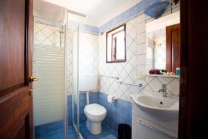 a blue and white bathroom with a toilet and a sink at Le Scale Sul Barocco in Ragusa