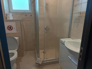 a bathroom with a shower and a toilet and a sink at Victoria in Byala