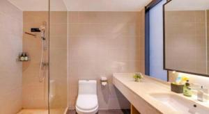 une salle de bain avec une douche, des toilettes et un lavabo dans l'établissement City Comfort Inn Zhanjiang Central People's Hospital High-speed Railway Station, à Tchia-k'am 111 autres photos