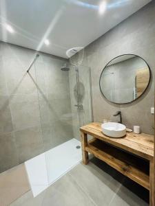 a bathroom with a shower and a sink and a mirror at Les gîtes de Sandrella in Mouans-Sartoux