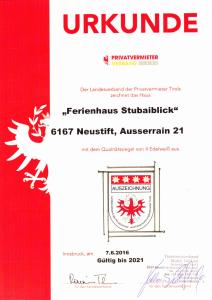 Certifikát, hodnocení, plakát nebo jiný dokument vystavený v ubytování Ferienhaus Stubaiblick