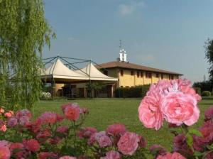a group of pink flowers in front of a building at Hotel Fondo Catena in Ferrara