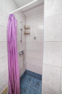 a shower with a purple shower curtain in a bathroom at Guest House Hodak in Rakovica