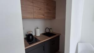 a kitchen with a counter with a sink and cabinets at Apartament u Krzyżaka in Malbork +9 photos