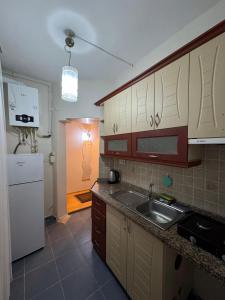 una cocina con fregadero y refrigerador en Stanpoli Family Apartments, en Estambul