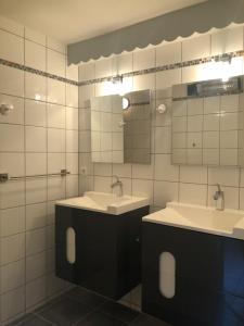 Un baño con dos lavabos y un espejo. en Studio au calme 8km Futuroscope, en Migné-Auxances