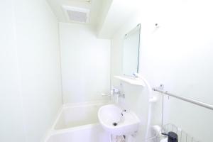札幌市にあるシティスカイコートの洗面台と鏡のある白いバスルーム