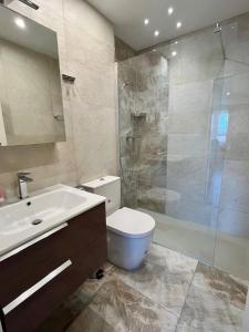 a bathroom with a toilet and a sink and a shower at Family friendly duplex with free parking in Leukerbad +22 photos