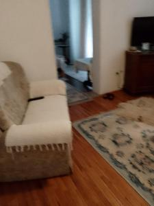 ein Wohnzimmer mit einer weißen Couch und einem Teppich in der Unterkunft Secret garden in Visoko