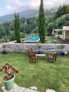 a garden with two chairs and a swimming pool at Castellu d'Orezza in Carcheto +46 photos