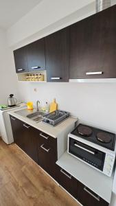 a kitchen with a sink and a stove top oven at Апартаменты за гости Гавань in Byala