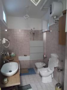 une salle de bain avec toilettes, baignoire et lavabo dans l'établissement Civico 17 di Luciani Luciana, à Venzone