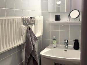a bathroom with a sink and a toilet and a mirror at Kleine BergZeit in Sankt Andreasberg +14 photos