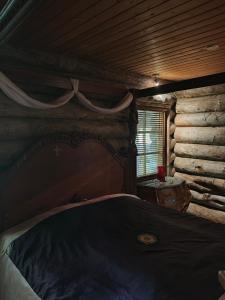 a bedroom with a bed in a log cabin at Villa Lilja in Muurame +102 photos