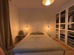 een slaapkamer met een groot bed met 2 verlichting bij Appartement entier Cosy in Grenoble