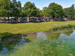a group of houses in a park next to a body of water at Camping ClicoChic Au Clair Ruisseau in Gerstheim