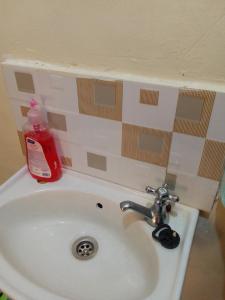 a white sink with a bottle of soap on top of it at Stays with Fred in Ruiru