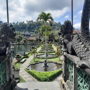 a garden with a fountain in the middle of a lake at villa Philippe Mimpi 19 in Jasri +29 photos