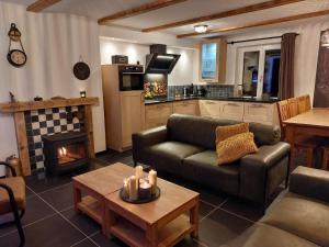 un salon avec un canapé et une cheminée dans l'établissement Ferienwohnung Aineck in Sankt Michael im Lungau, à Sankt Michael im Lungau