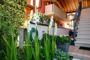 a garden with white flowers on a building at Casa vacanza Simona in Salionze