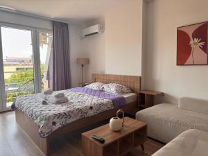a bedroom with a bed and a couch and a window at LINA Studios - City Center in Ohrid