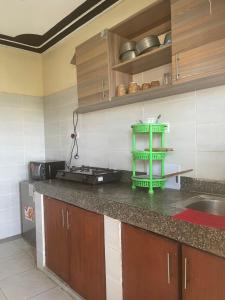 una cucina con un bancone con un cestino verde sopra di Greyline One Br with an Extra bed Bamburi a Mombasa Altre 7 foto