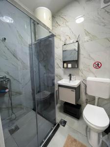 a bathroom with a shower and a toilet and a sink at Lina Apartment Prizren in Prizren