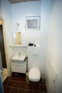 a small bathroom with a toilet and a sink at Sea View Boutique Apartments in Chakvi