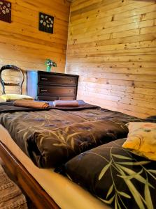 una cama en una habitación con una pared de madera en niezapominajka-jura, en Niegowa