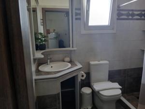 a bathroom with a sink and a toilet and a window at Niko's apartments 2 in Elafonisos