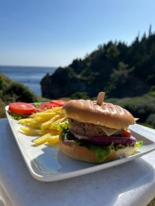 un sandwich et des frites sur une plaque blanche dans l'établissement Corfu valley view, à Paleokastritsa
