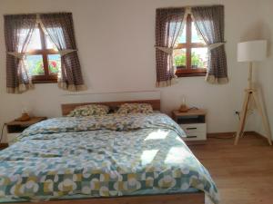 a bedroom with a bed and two windows at Kućica Mačkat in Mačkat