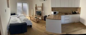 a kitchen and a living room with a couch and a table at Apartmány Lipovina in Malá Tŕňa