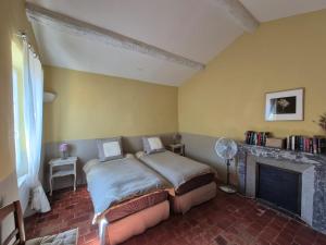 a bedroom with a bed and a fireplace at 40 Rue du Ventoux in Bédoin
