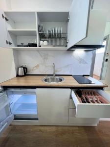 Meloso في كوبوليتي: مطبخ صغير مع حوض ومكتب