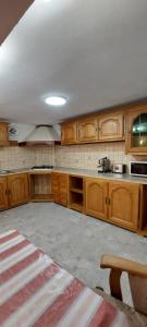 Una cocina grande con gabinetes de madera y encimera. en Pensiunea Sofy, en Arieşeni