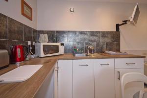 a kitchen with a sink and a microwave at L'octroi de Loches in Loches