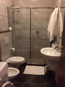 a bathroom with a shower and a toilet and a sink at Hotel Corona Grossa in Balangero