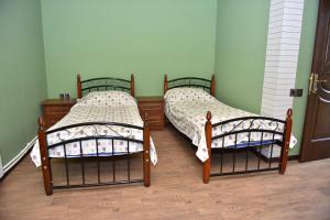 two twin beds in a room with green walls at Sheki Panorama Guest House in Sheki