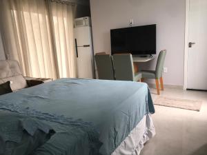 a bedroom with a bed and a desk with a television at ESTUDIO PANORAMiCO in Florianópolis